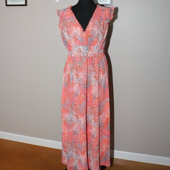 Betsey Johnson Womens Dreamscape Print Flutter Sleeve Maxi Dress Coral Size L - Picture 1 of 8